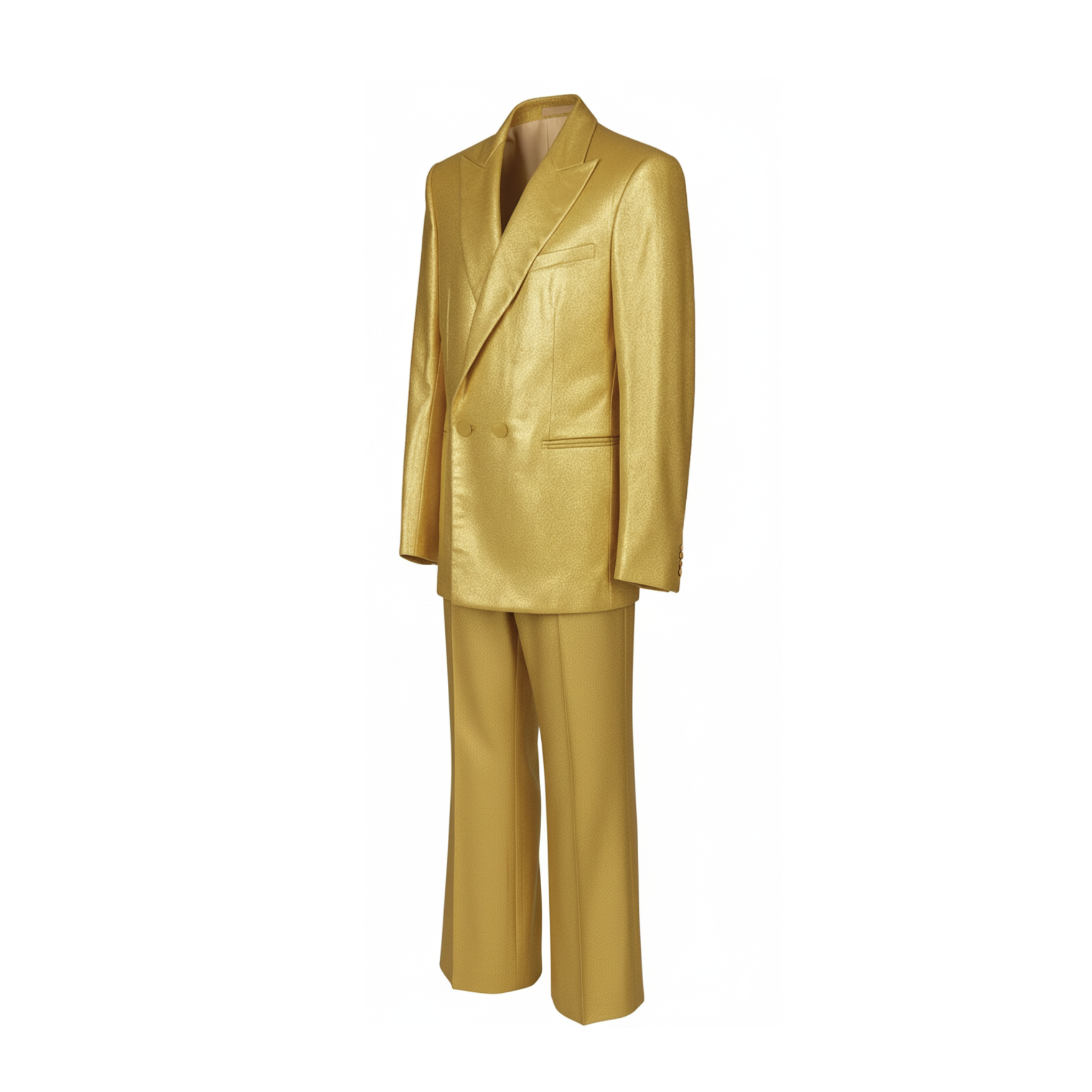 Gold silk lamé suit full look, standing view