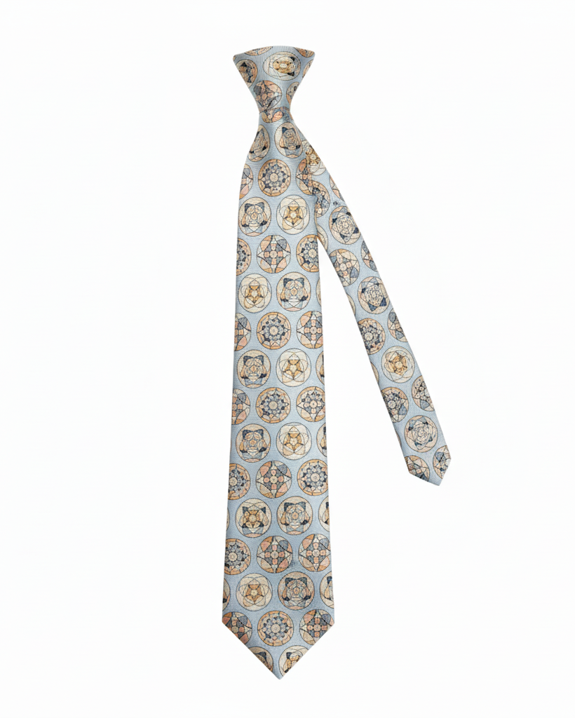 Medallion patterned silk tie shown at an angle