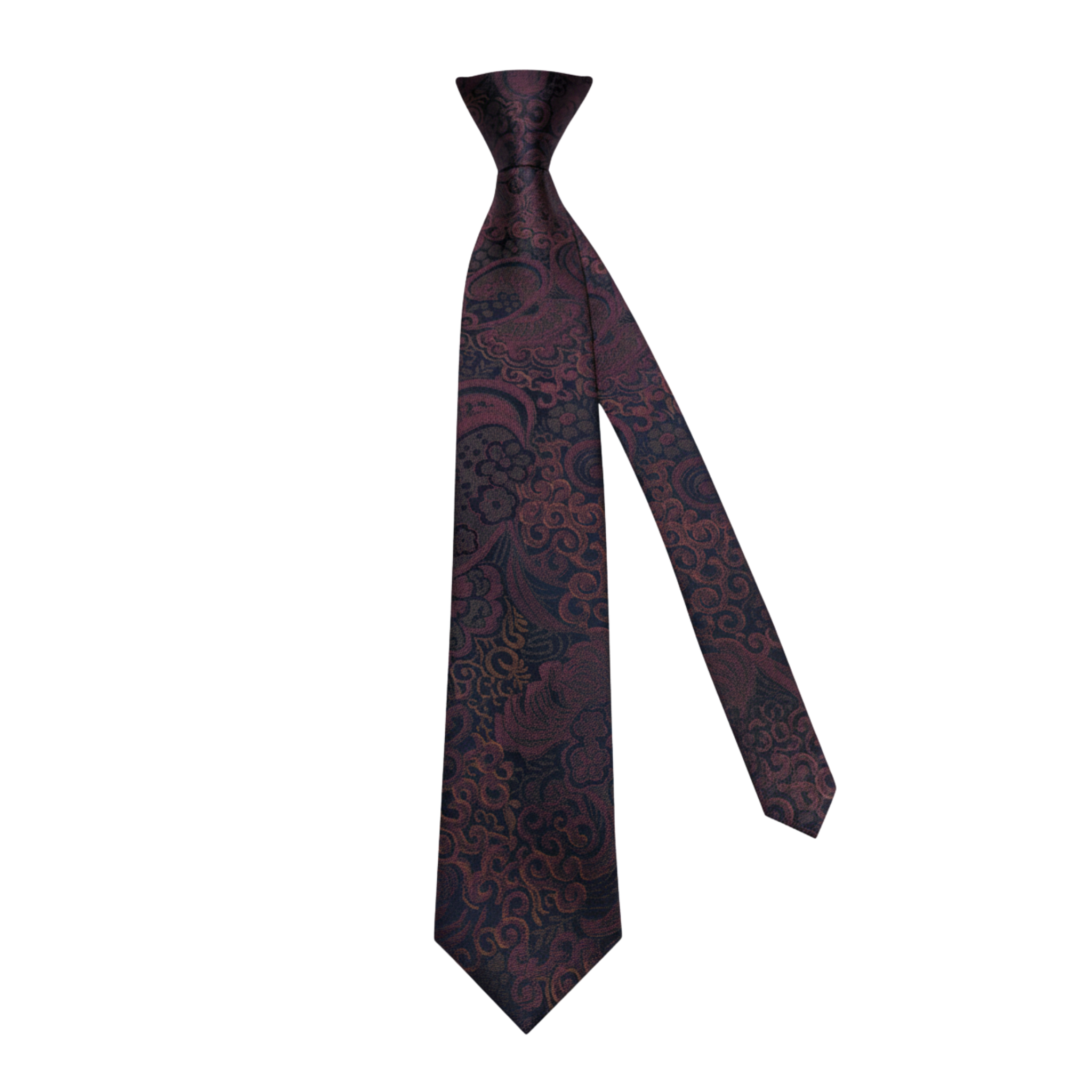 Dark paisley woven silk tie shown at an angle highlighting pattern and drape
