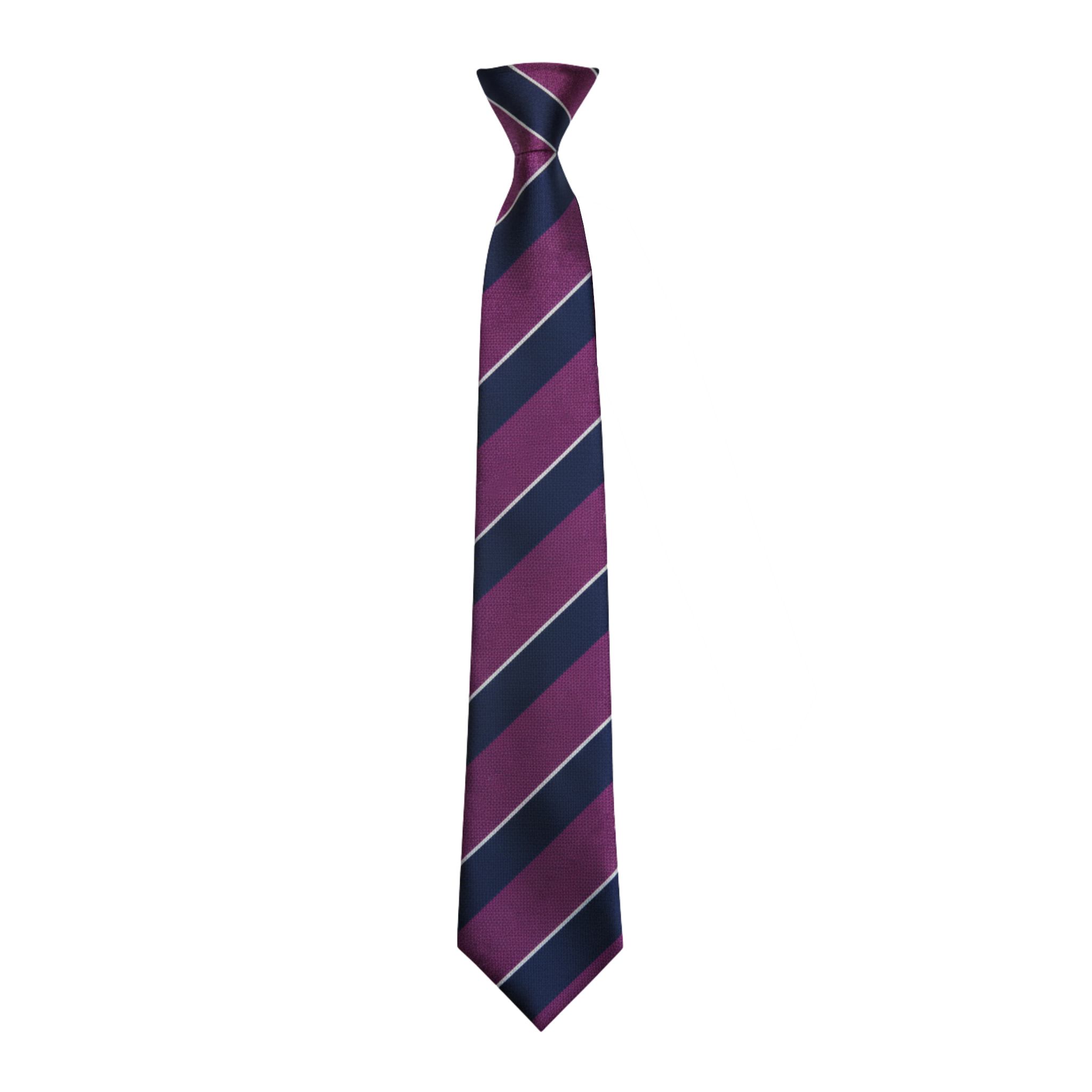 Striped silk tie with diagonal burgundy and navy stripes, front view