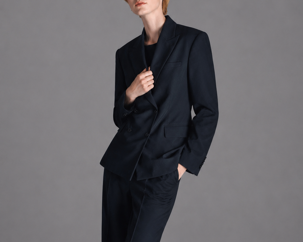 Person wearing a black suit against a gray background