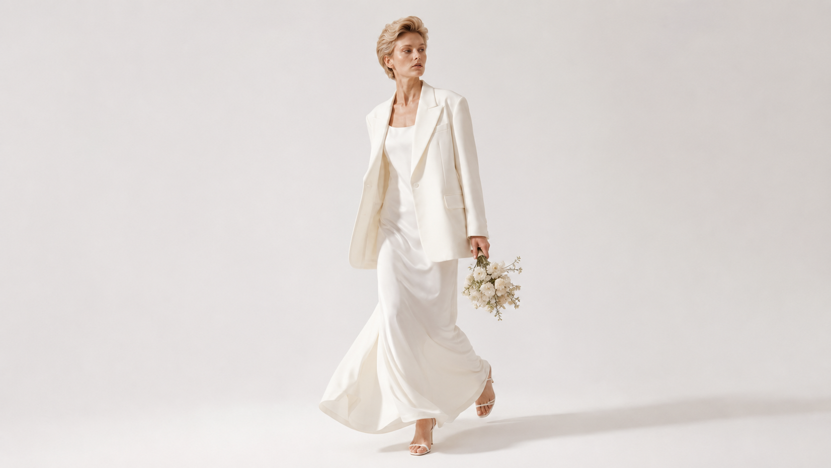 Woman in a white bridal outfit holding a bouquet on a plain background