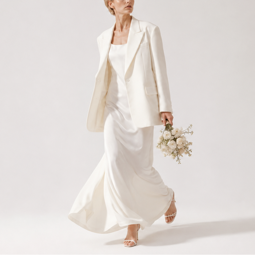 Woman in a white bridal outfit holding flowers on a plain background