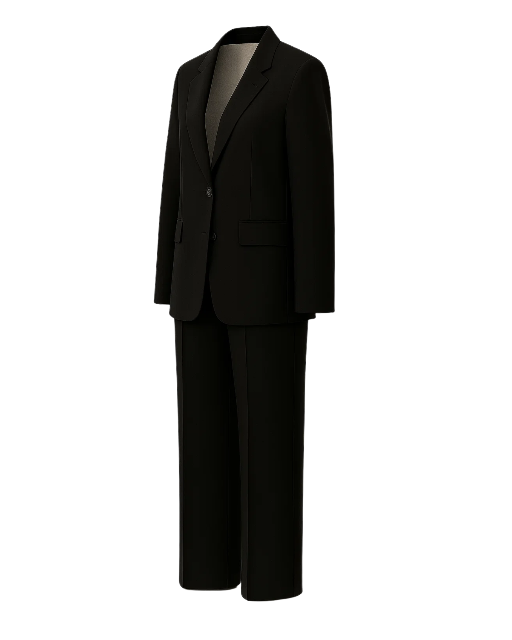 Tailory black fitted two-button suit side view showing structured shoulder and straight-leg trousers