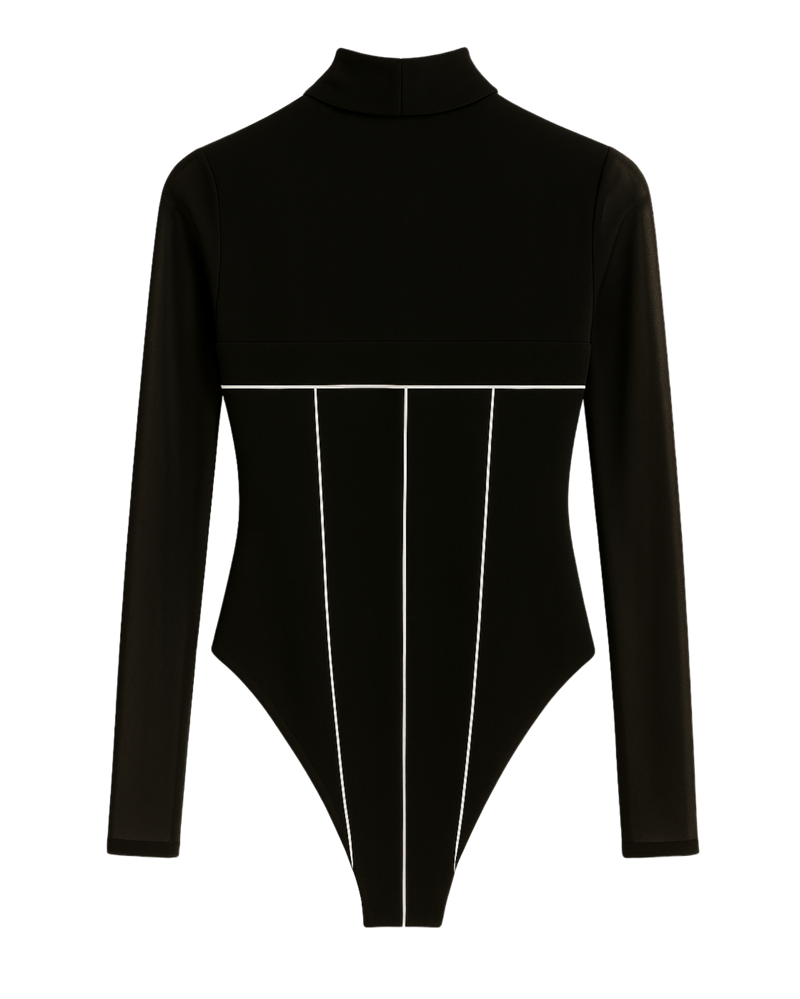 Tailory black piped turtleneck bodysuit side view showing structured seaming and long sleeves