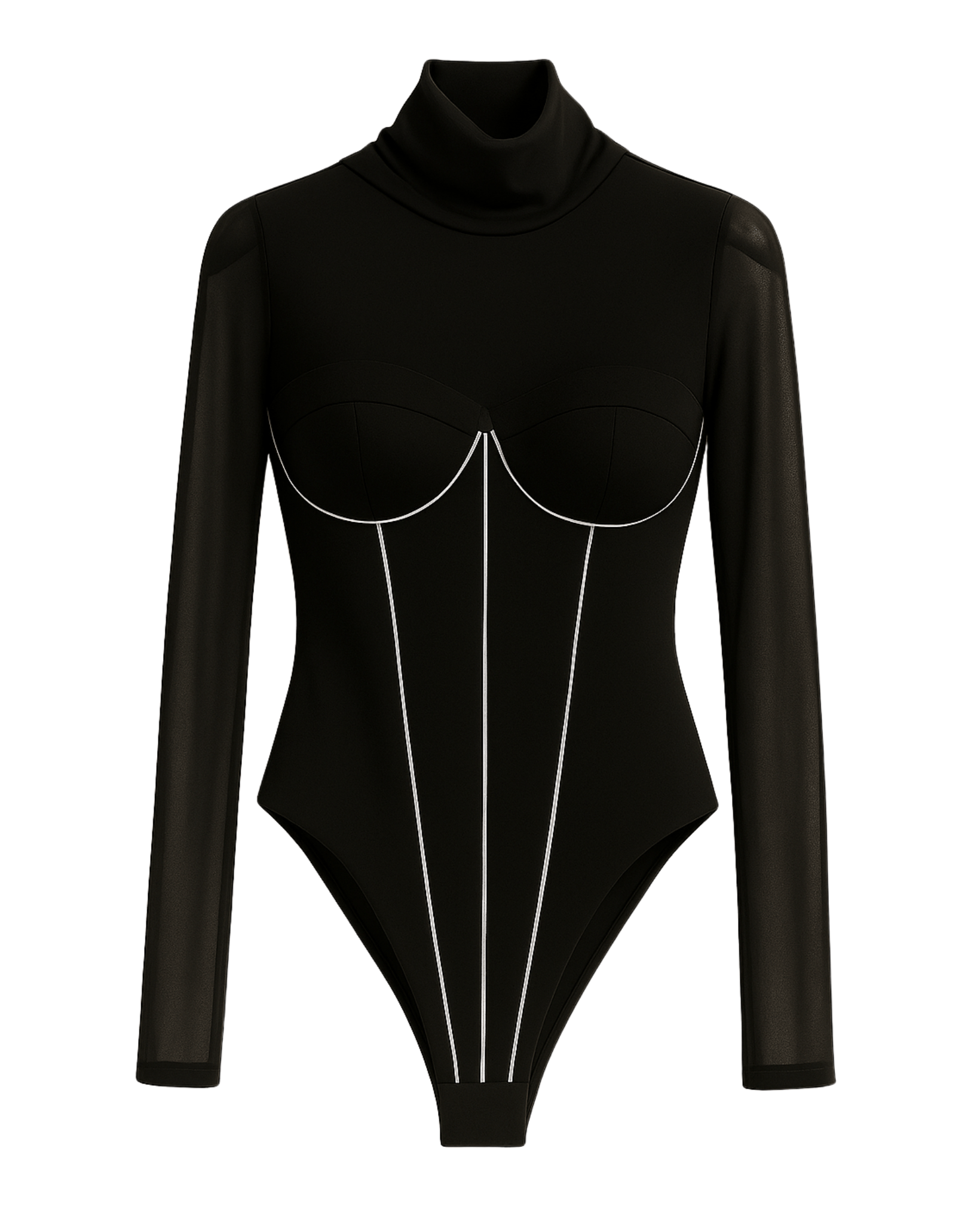 Tailory black fitted turtleneck bodysuit front view with white contrast piping and corset seams