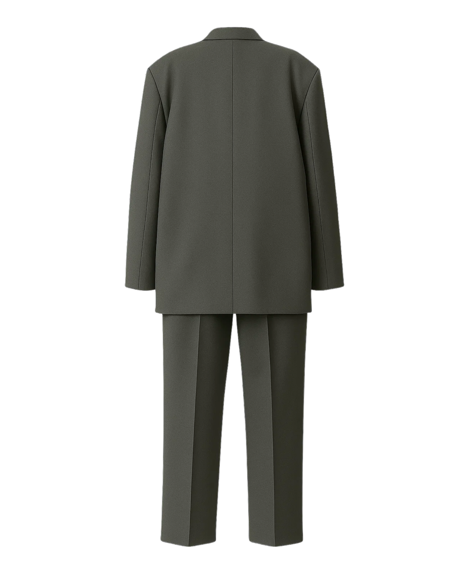 Tailory grey plaid single-button suit back view with clean panel construction and tailored drape