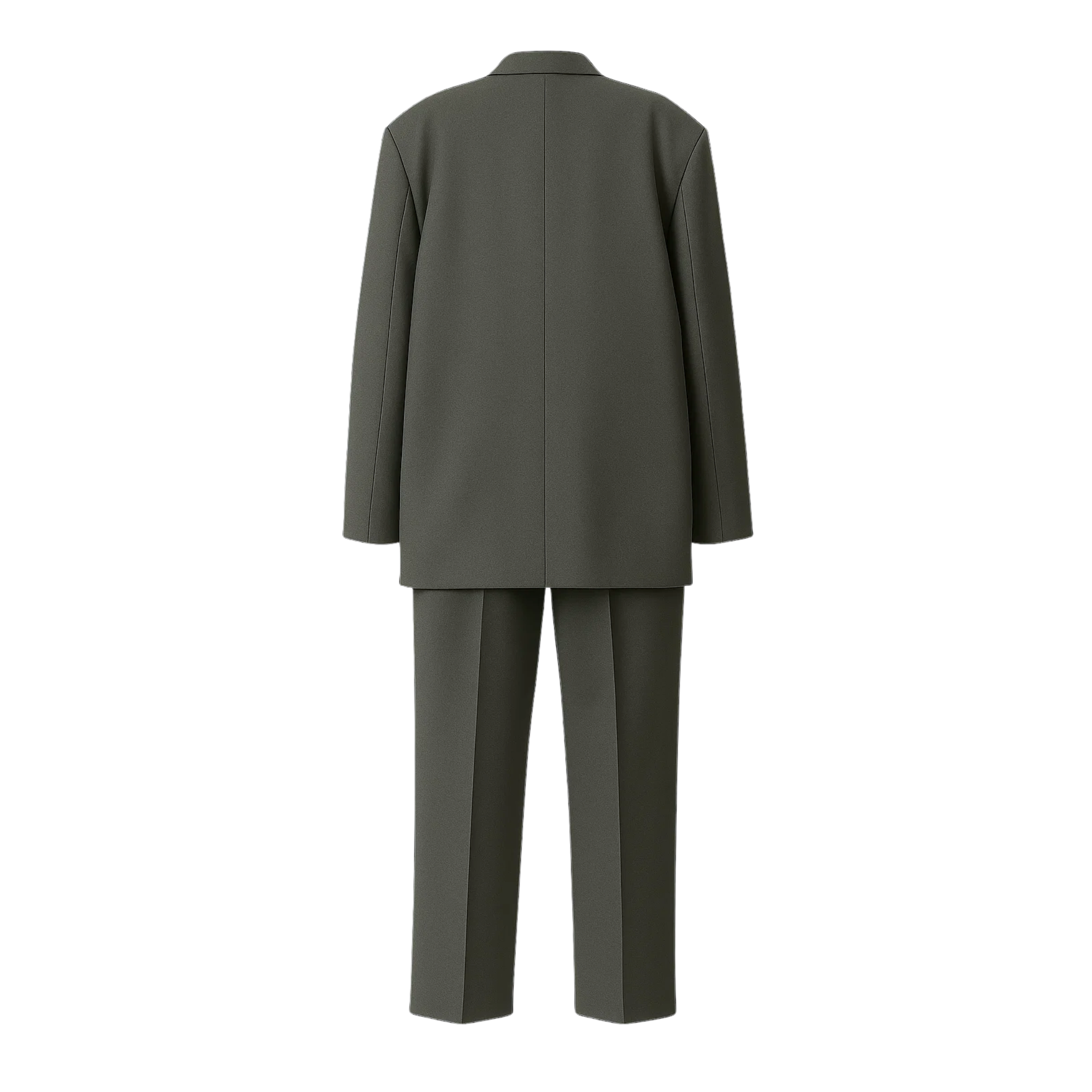 Tailory grey plaid single-button suit back view with clean panel construction and tailored drape
