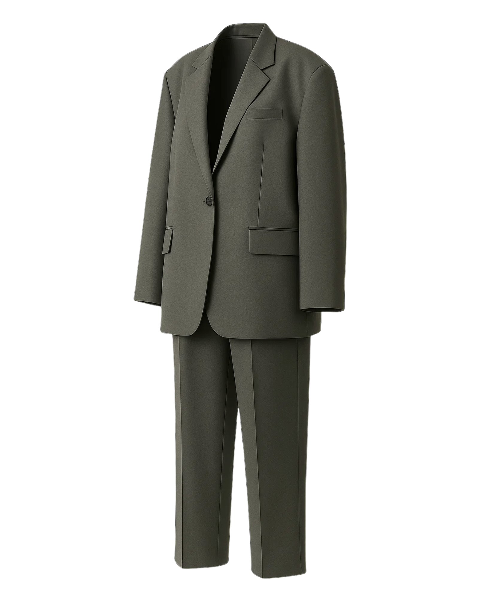 Tailory grey plaid single-button suit side view showing straight-leg trousers and structured shoulder