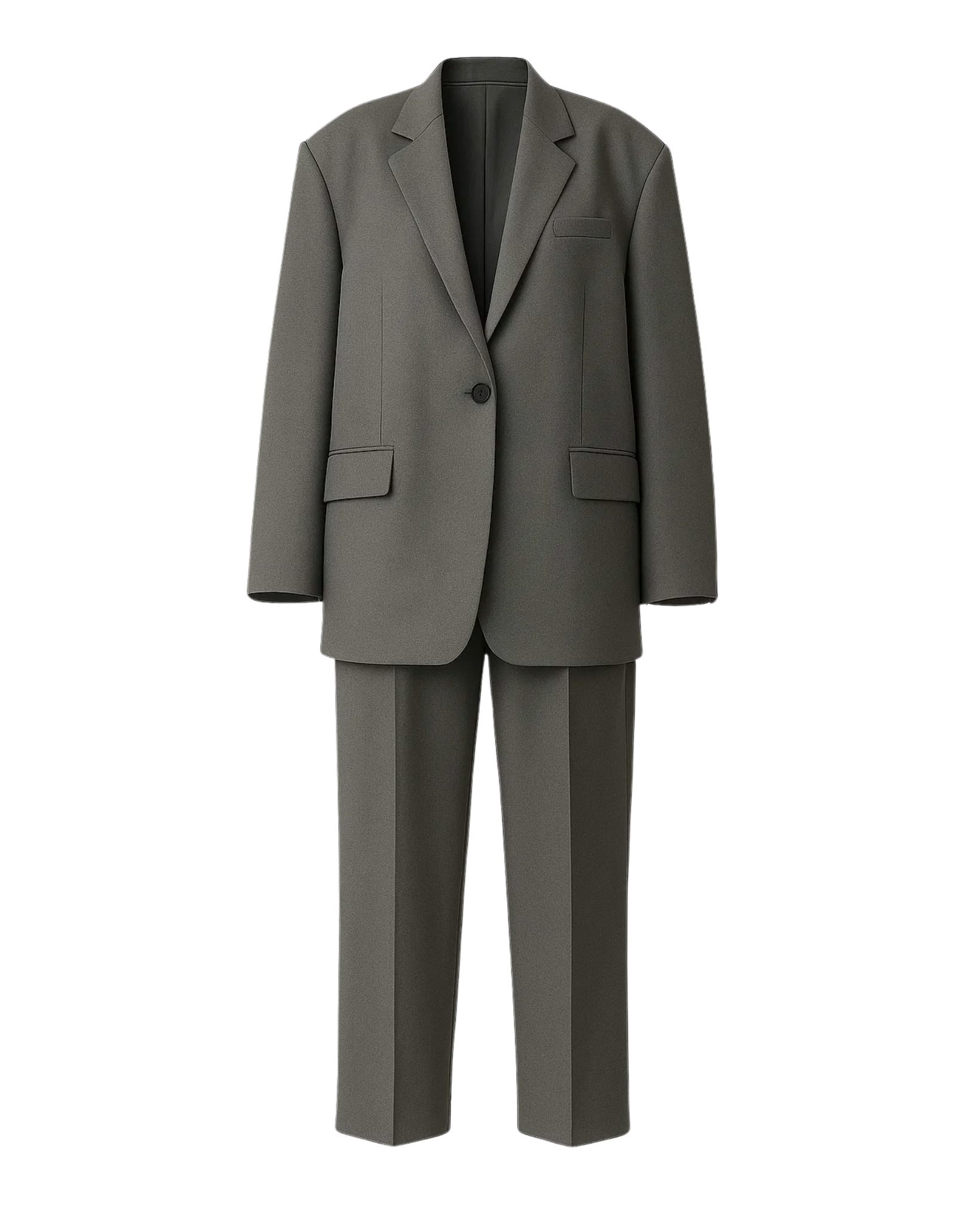Tailory grey plaid single-button suit front view with flat-front trousers