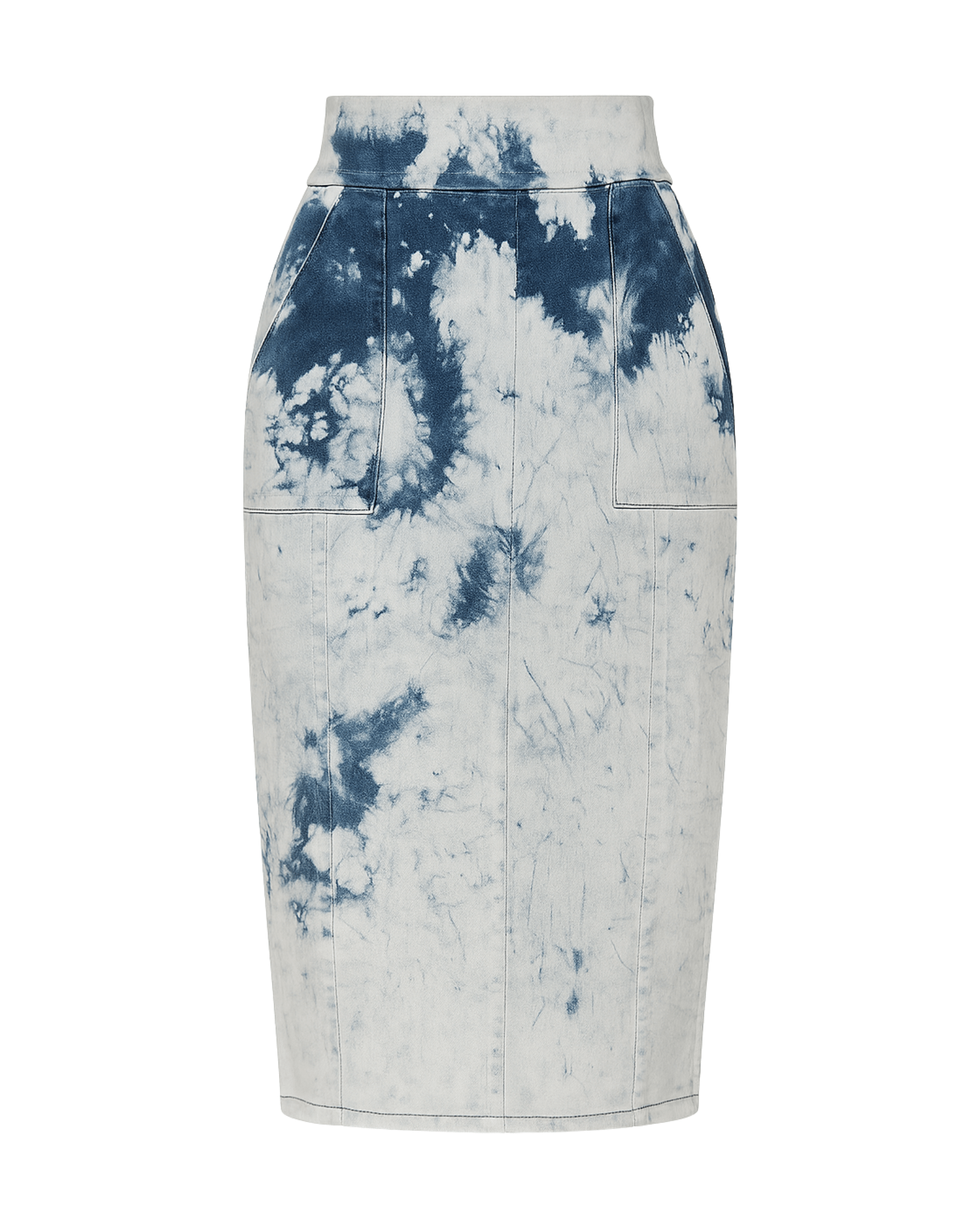 Tailory tie-dye denim pencil skirt front view with high waist and knee-length cut