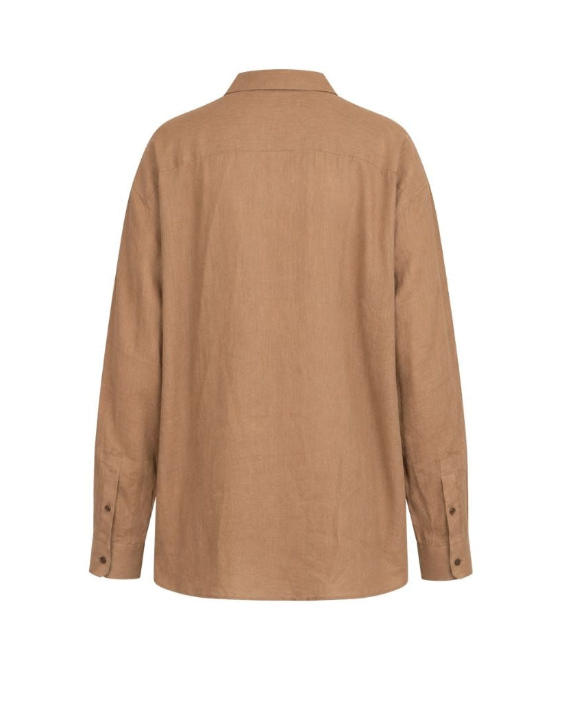 Tan Linen Oversized Button-Up Shirt, view 2