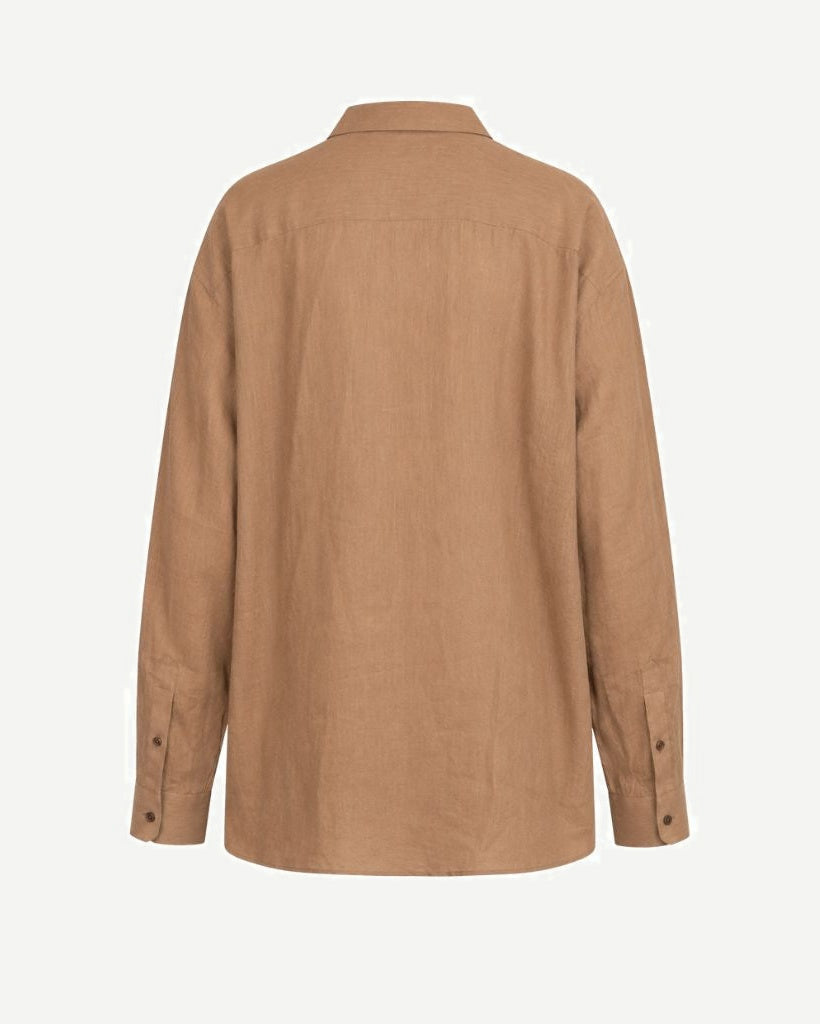 Tan Linen Oversized Button-Up Shirt, view 2