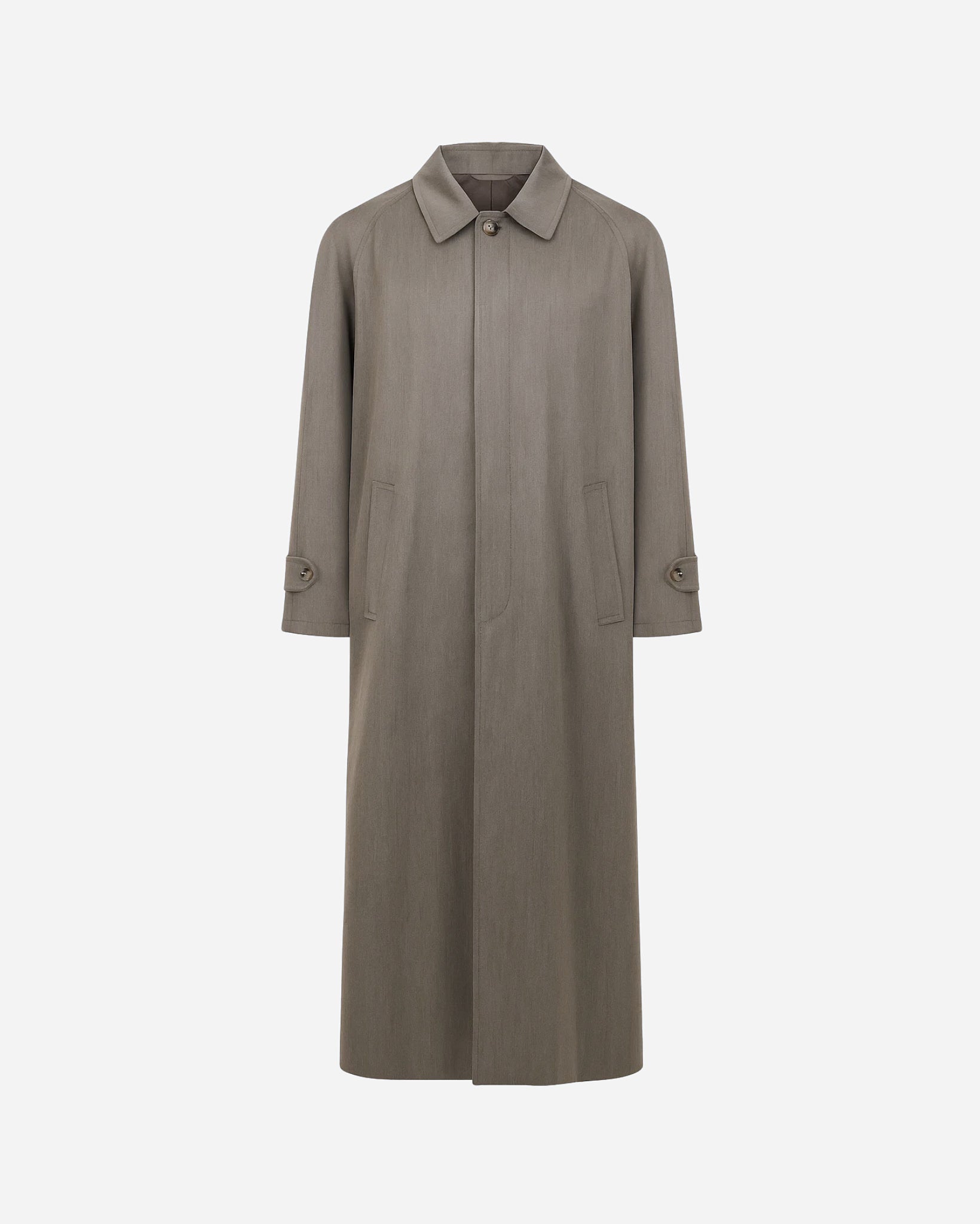 Tailory taupe-grey full-length overcoat with concealed button placket front view