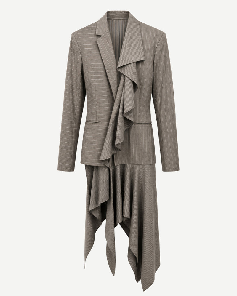 Front view of sculptural grey-taupe pinstripe tailored jacket with asymmetric cascading drape, sharp shoulder, slim sleeves, welt pockets, and mixed stripe direction.