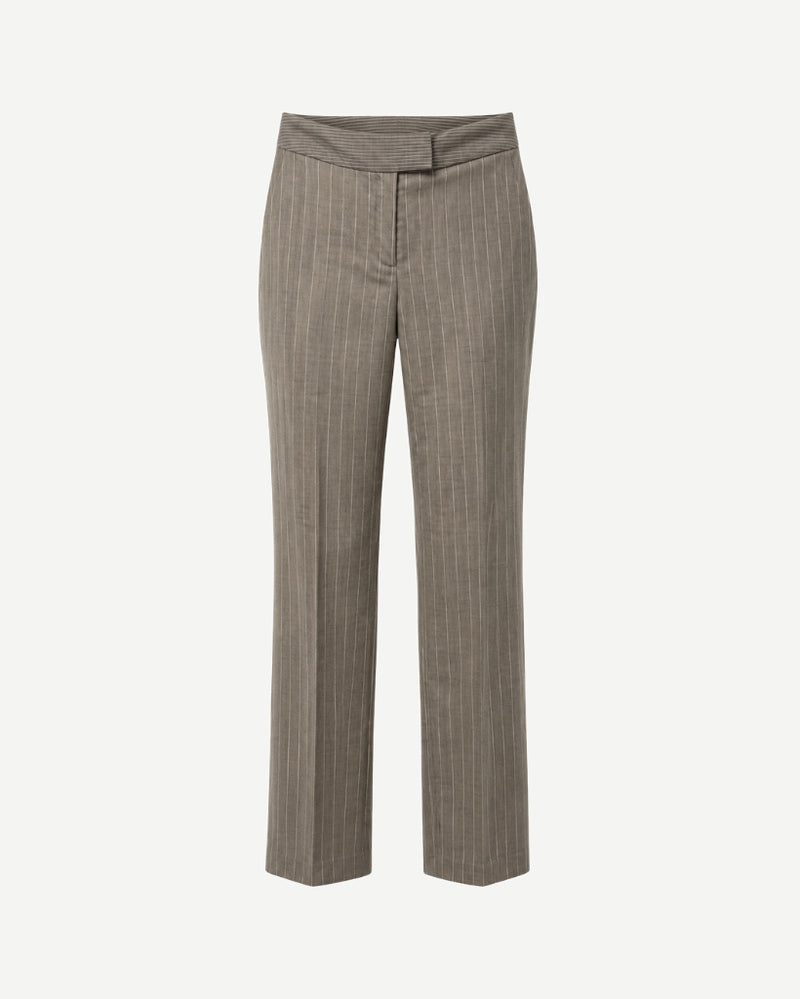 Front view of grey-taupe pinstripe straight-leg trousers with folded waistband, front closure, clean tailored fit, and full-length hem.