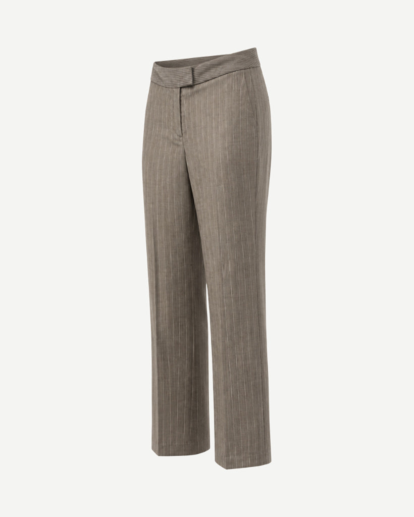 Angled side view of grey-taupe pinstripe straight-leg trousers showing the folded waistband, front tab closure, side profile, and tailored leg shape.