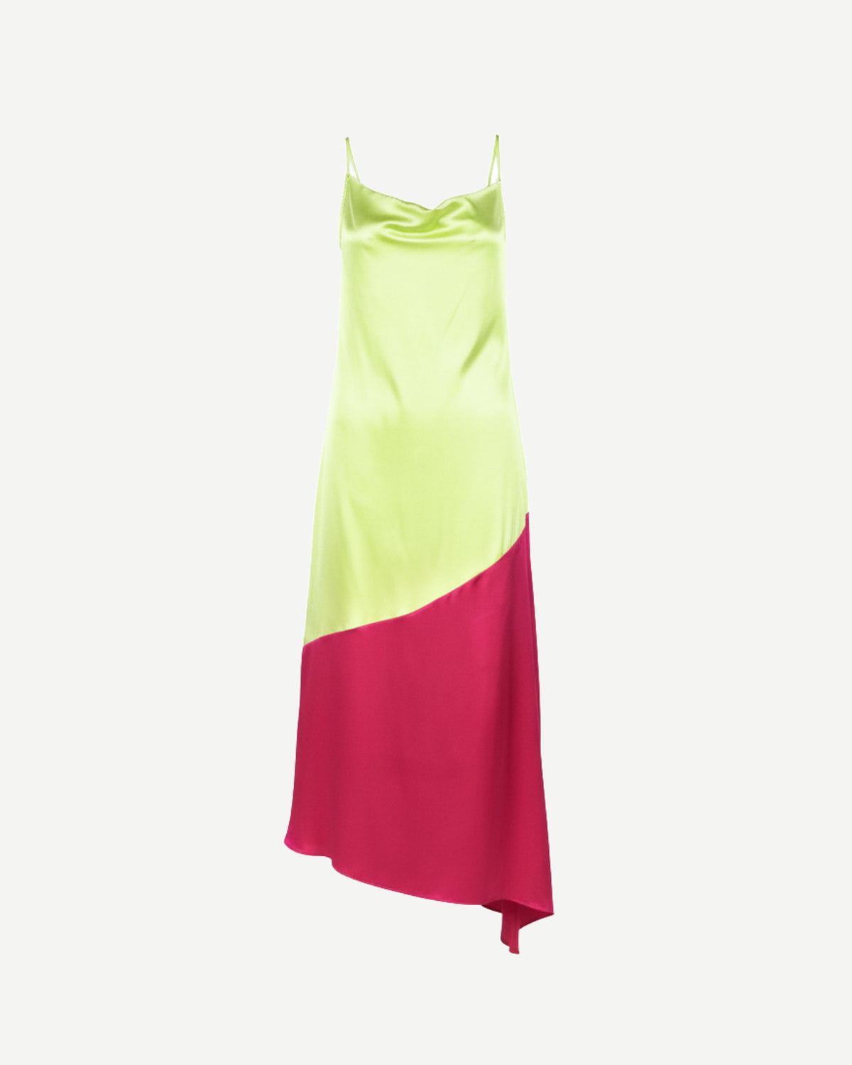 Tailory fluorescent yellow and deep pink asymmetrical silk slip dress front view