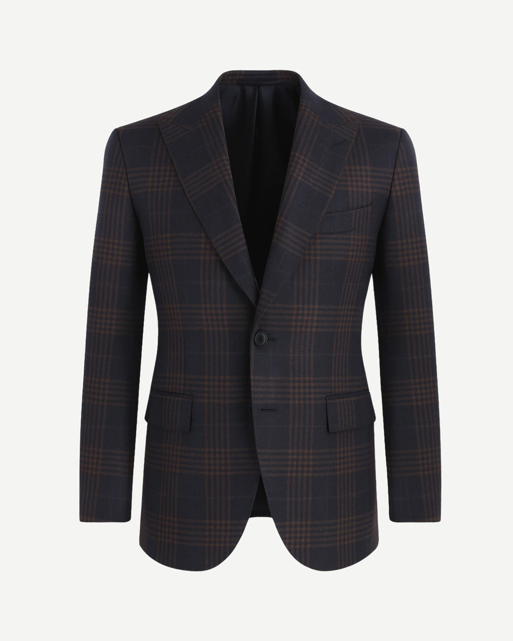 Navy Brown Blazer | Peak Lapel Half-Canvas | Modern Fit featuring a tailored silhouette with a rich navy base and subtle brown plaid pattern for sophisticated, contemporary style.