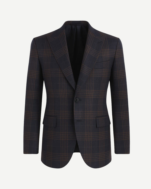 Navy Brown Blazer | Peak Lapel Half-Canvas | Modern Fit featuring a tailored silhouette with a rich navy base and subtle brown plaid pattern for sophisticated, contemporary style.