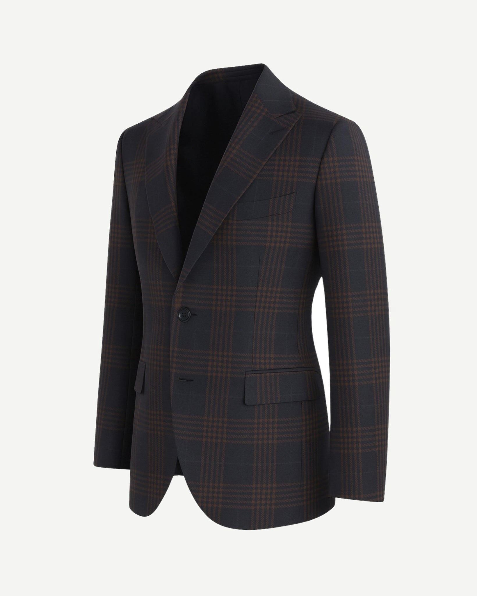 Navy Brown Blazer | Peak Lapel Half-Canvas | Modern Fit featuring a tailored silhouette with a dark navy base and rich brown windowpane plaid for a refined, contemporary look.
