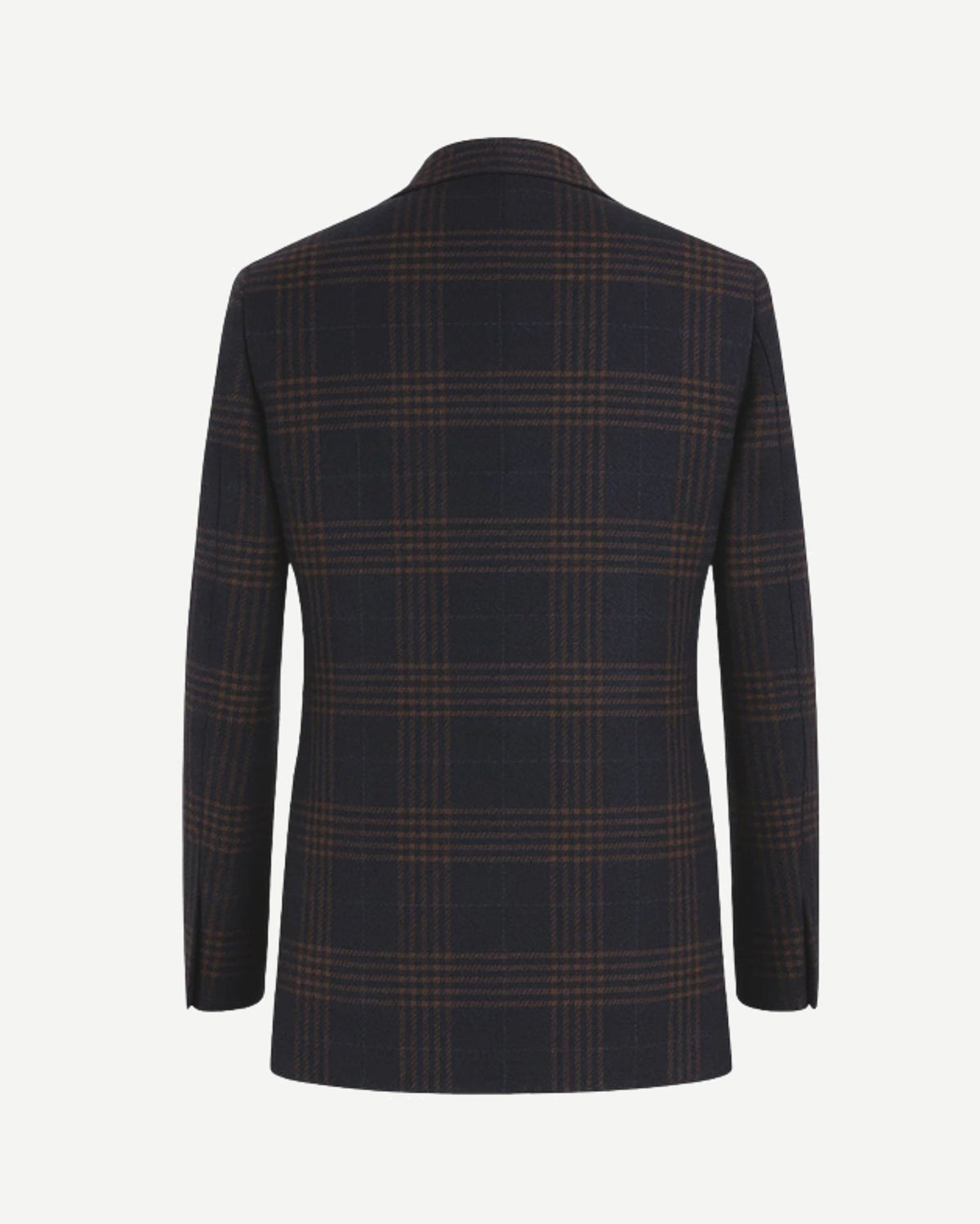 Navy Brown Blazer | Peak Lapel Half-Canvas | Modern Fit shown from the back, featuring a rich navy base with an elegant brown windowpane plaid pattern and a tailored contemporary silhouette.