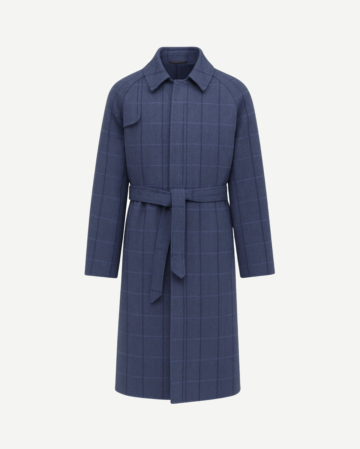 Blue Herringbone Overcoat | Raglan Sleeve Construction | Storm Shield in a deep blue herringbone fabric with subtle windowpane checks, featuring a belted waist and classic collar for refined outerwear style.