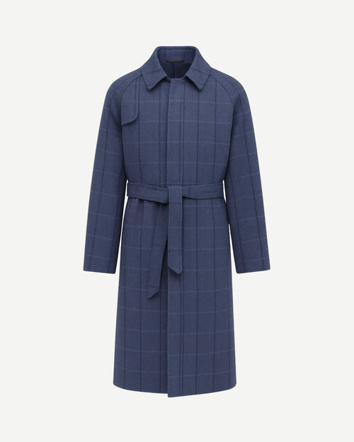 Blue Herringbone Overcoat | Raglan Sleeve Construction | Storm Shield in a deep blue herringbone fabric with subtle windowpane checks, featuring a belted waist and classic collar for refined outerwear style.