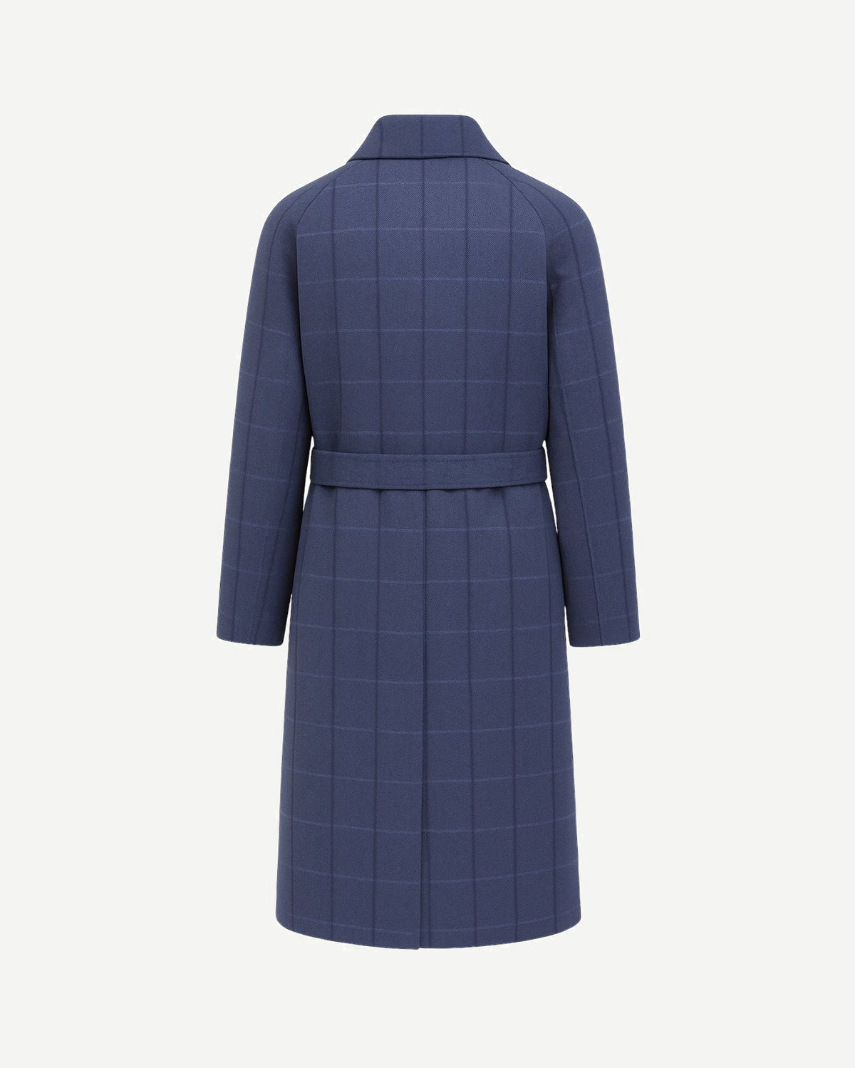 Blue Herringbone Overcoat | Raglan Sleeve Construction | Storm Shield shown from the back, featuring a belted waist and subtle windowpane pattern in deep blue wool fabric.