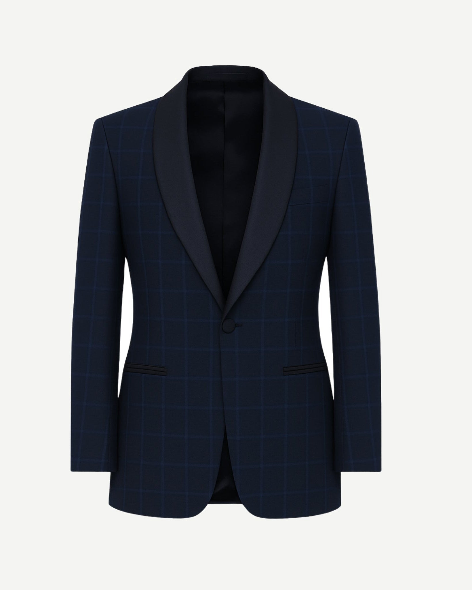 Navy Evening Blazer featuring a subtle windowpane pattern with sleek black satin shawl lapels, tailored for a refined and modern formal evening look.
