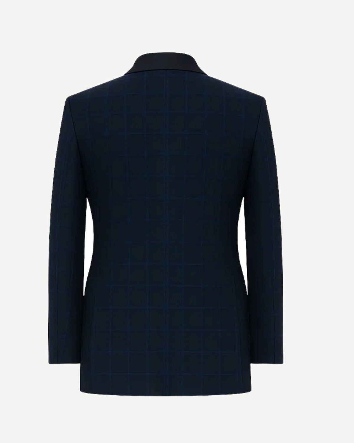 Navy Evening Blazer shown from the back, featuring a tailored silhouette in deep navy with a subtle windowpane pattern and classic black satin shawl collar for elegant formal wear.