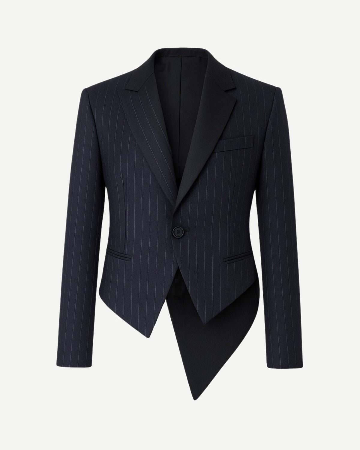 Tailory black pinstripe cropped blazer with peak lapel front view