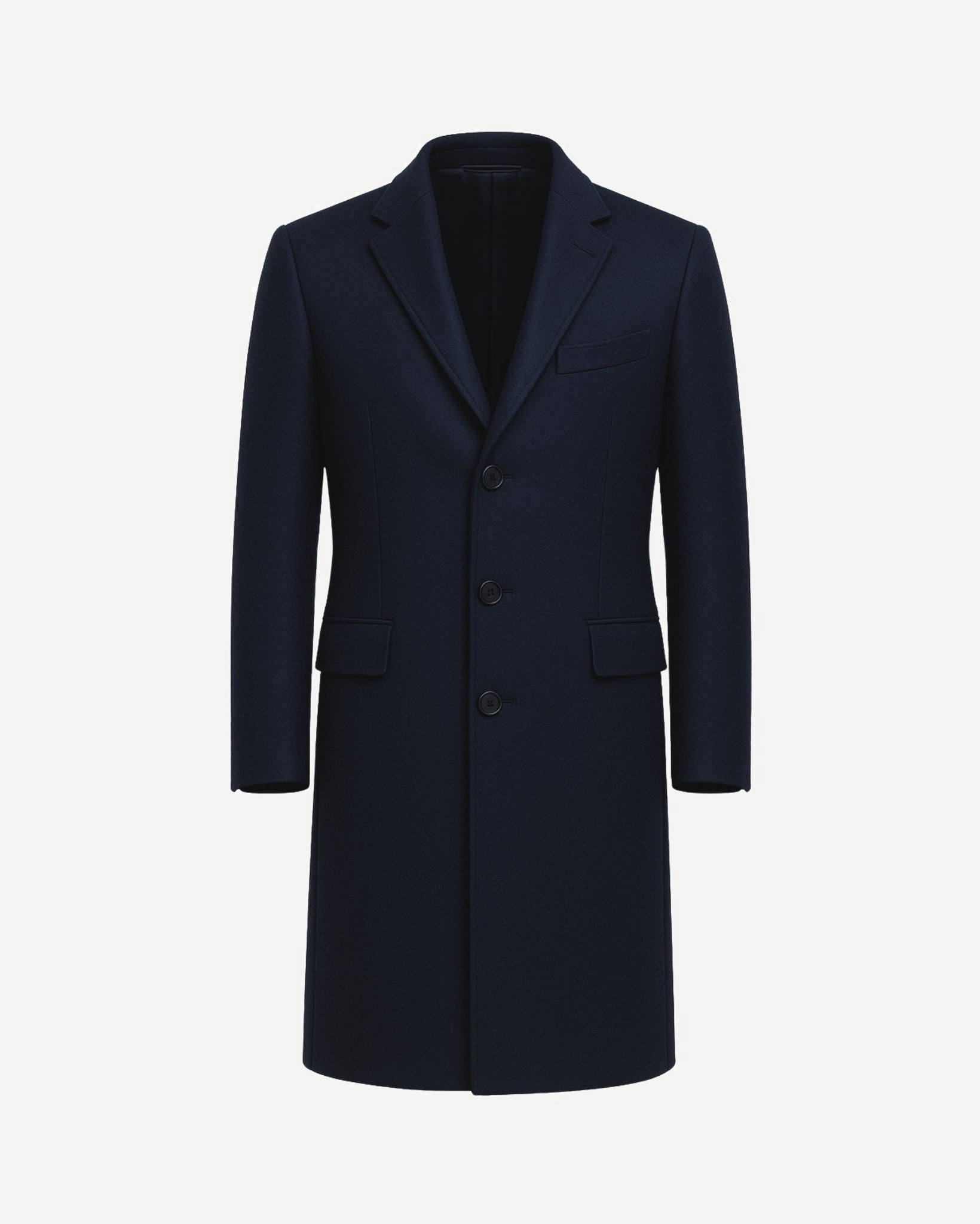Tailory navy wool men’s overcoat notched lapel front view