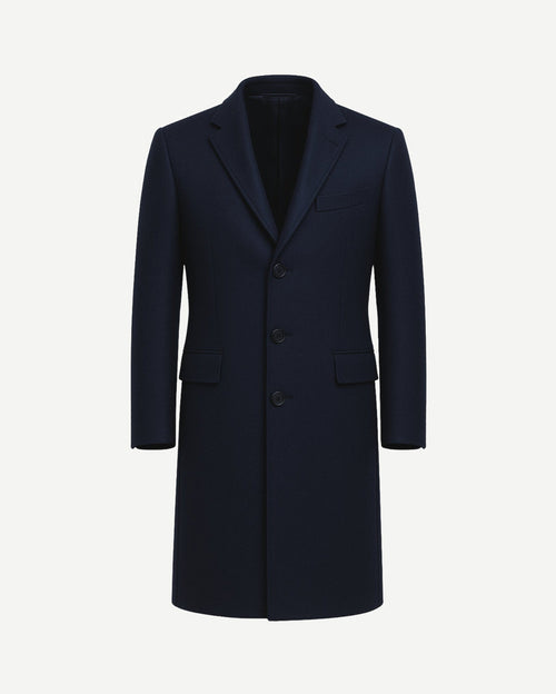 Tailory navy wool men’s overcoat notched lapel front view