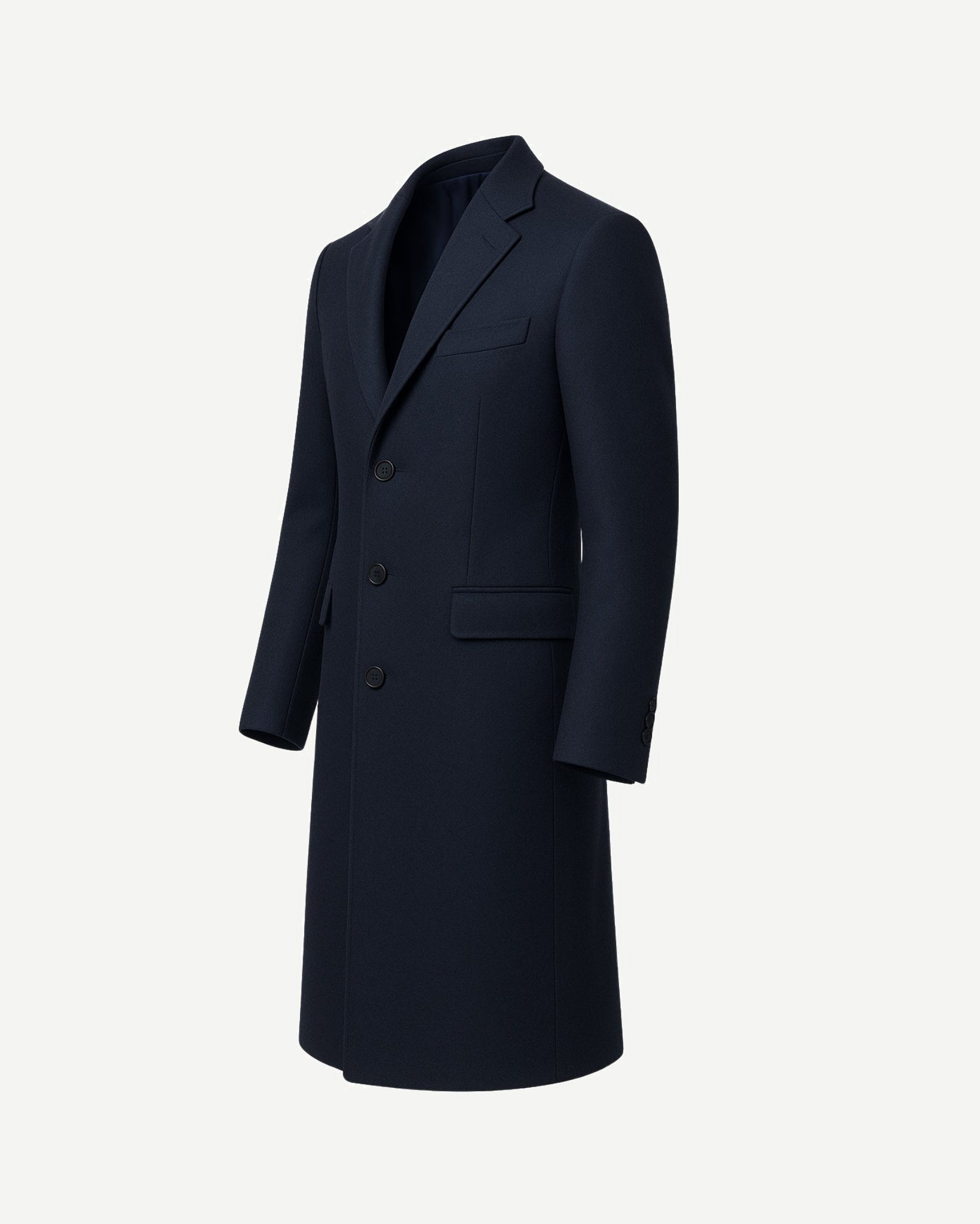 Tailory navy wool men’s overcoat notched lapel side view