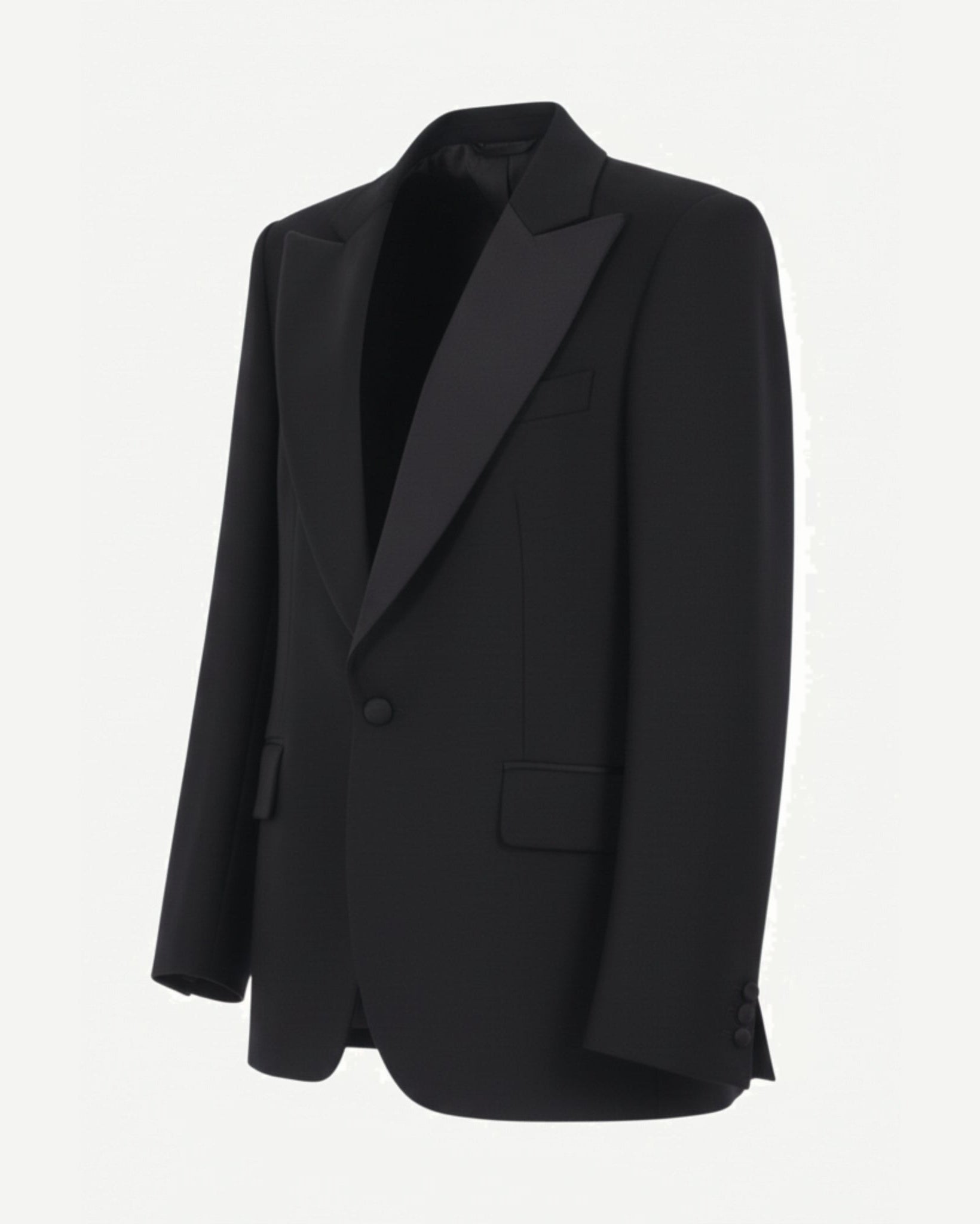 Tailory black tuxedo blazer with satin peak lapel side view