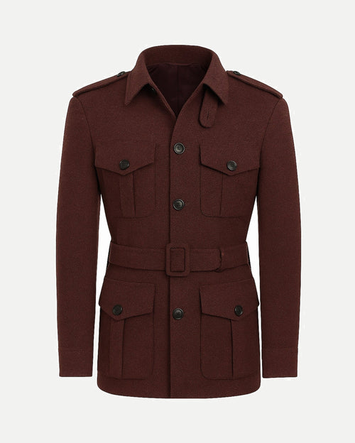 Rusted Gold Jacket | Custom Wool Belted Field Coat in a rich rust hue, featuring a structured collar, buttoned flap pockets, epaulets, and a matching belted waist for a refined silhouette.