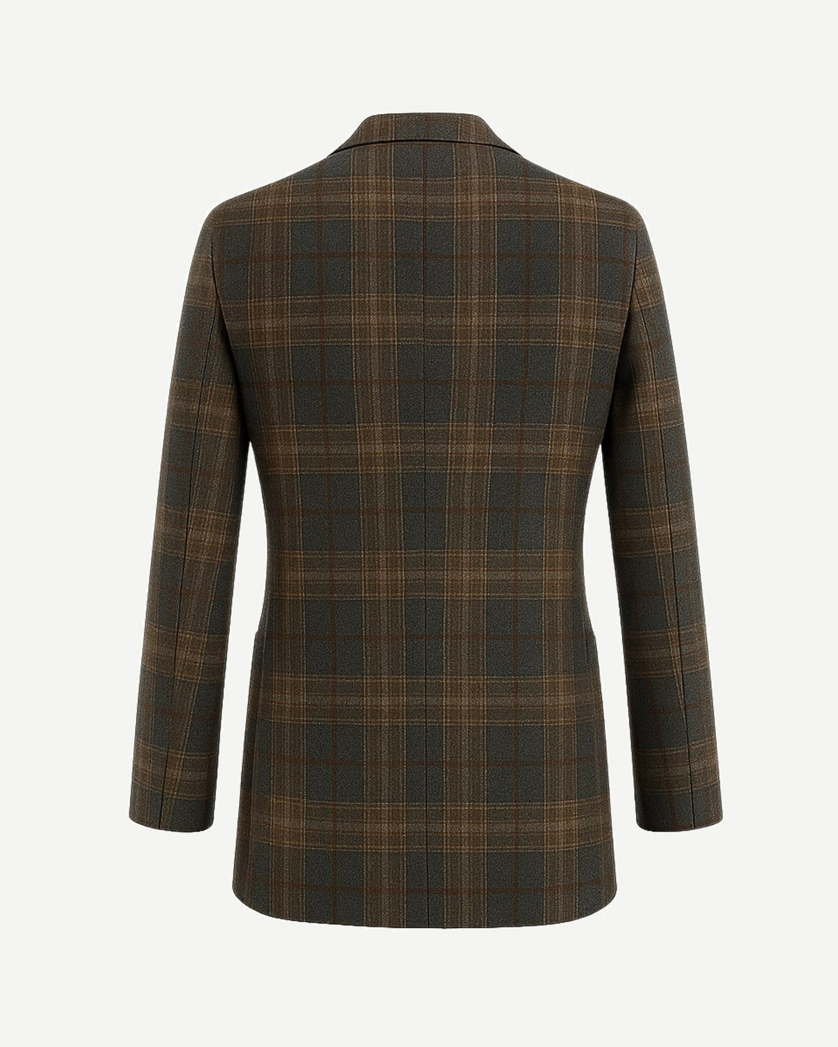 Grey Tan Sport Coat | Unstructured Blazer | Hand-Finished Details shown from the back, featuring a muted tan and grey plaid pattern with a soft unstructured silhouette and refined tailoring accents.