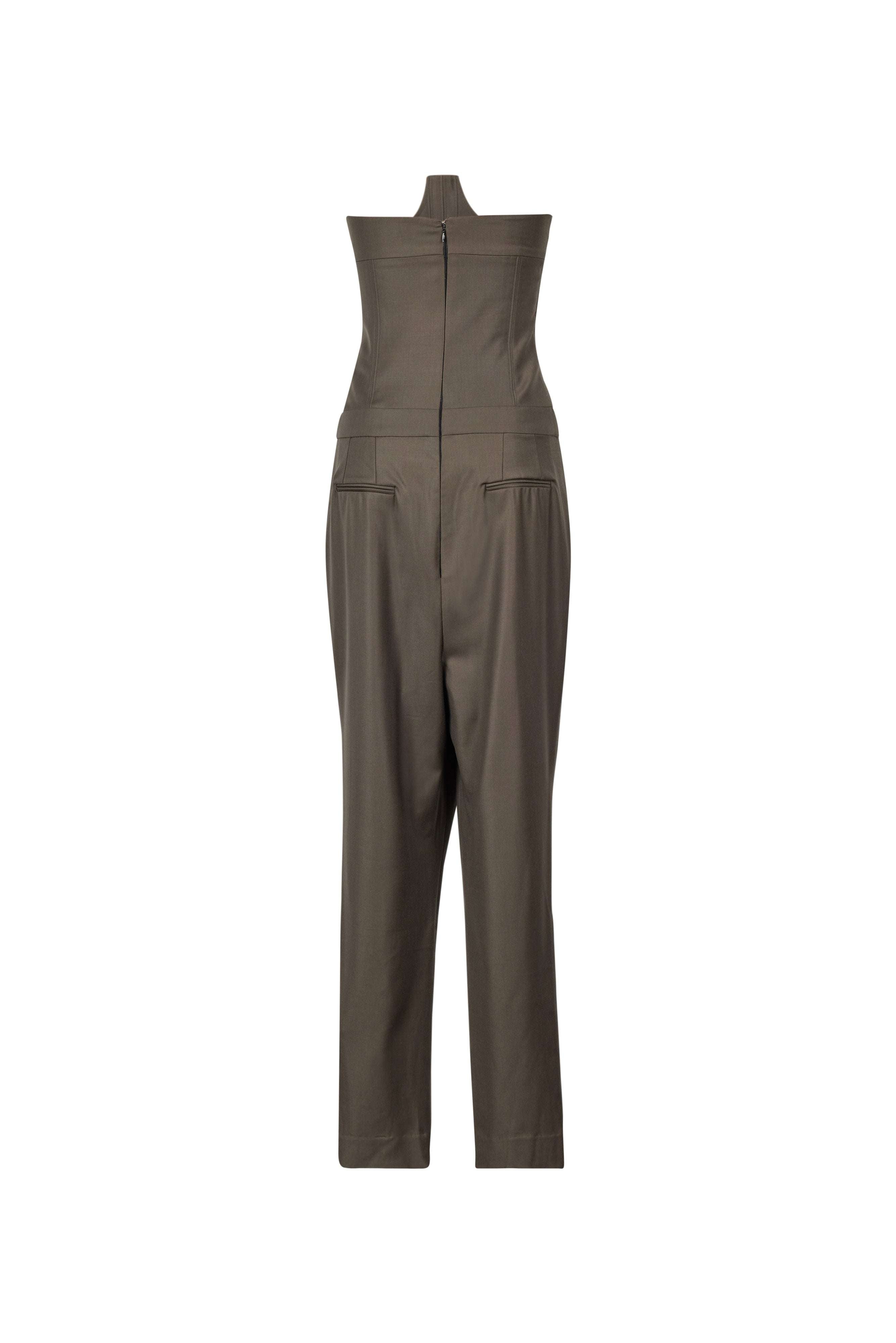 Wool Jumpsuit with Inner Corset and Asymmetric Pleated Pants