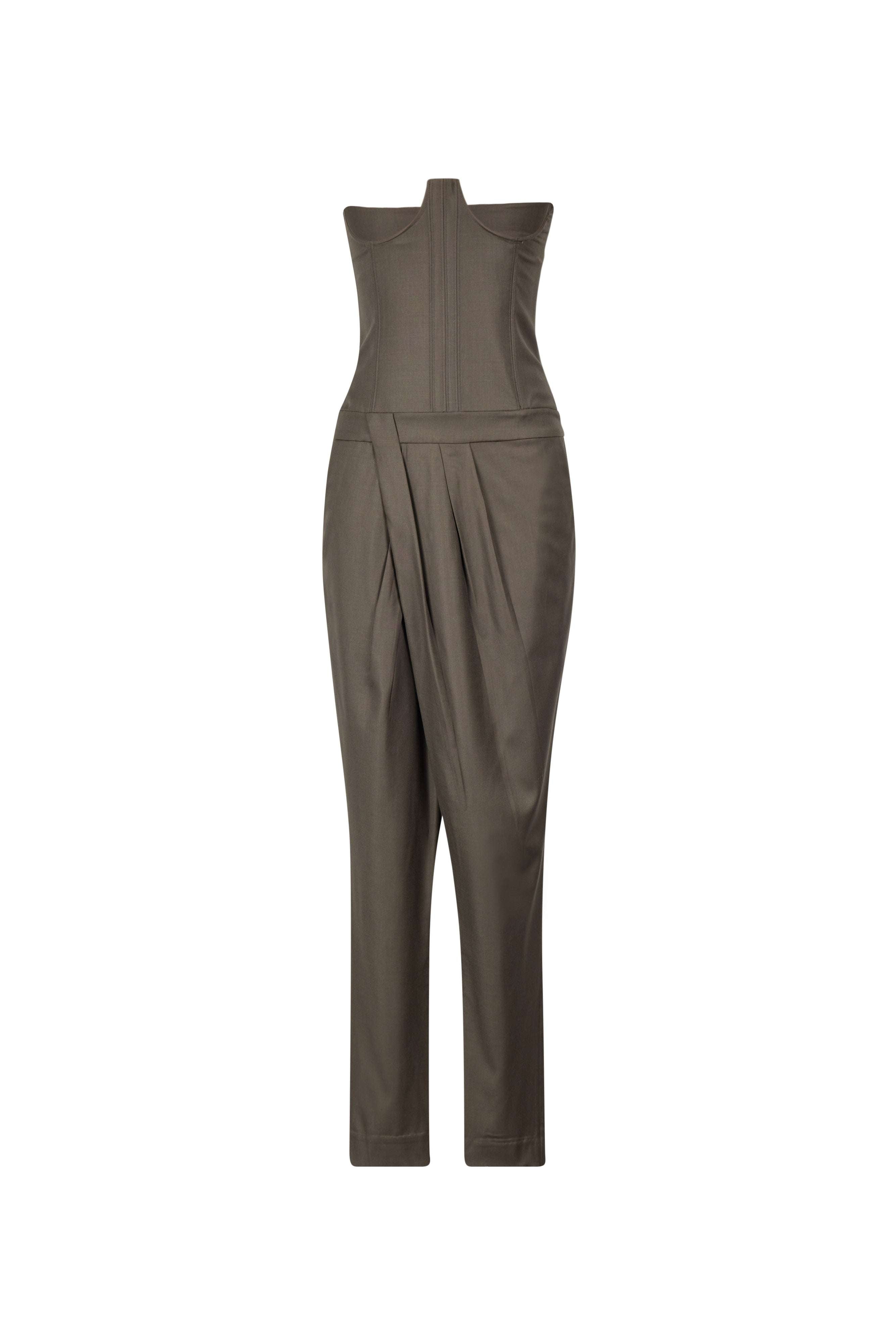 Wool Jumpsuit with Inner Corset and Asymmetric Pleated Pants