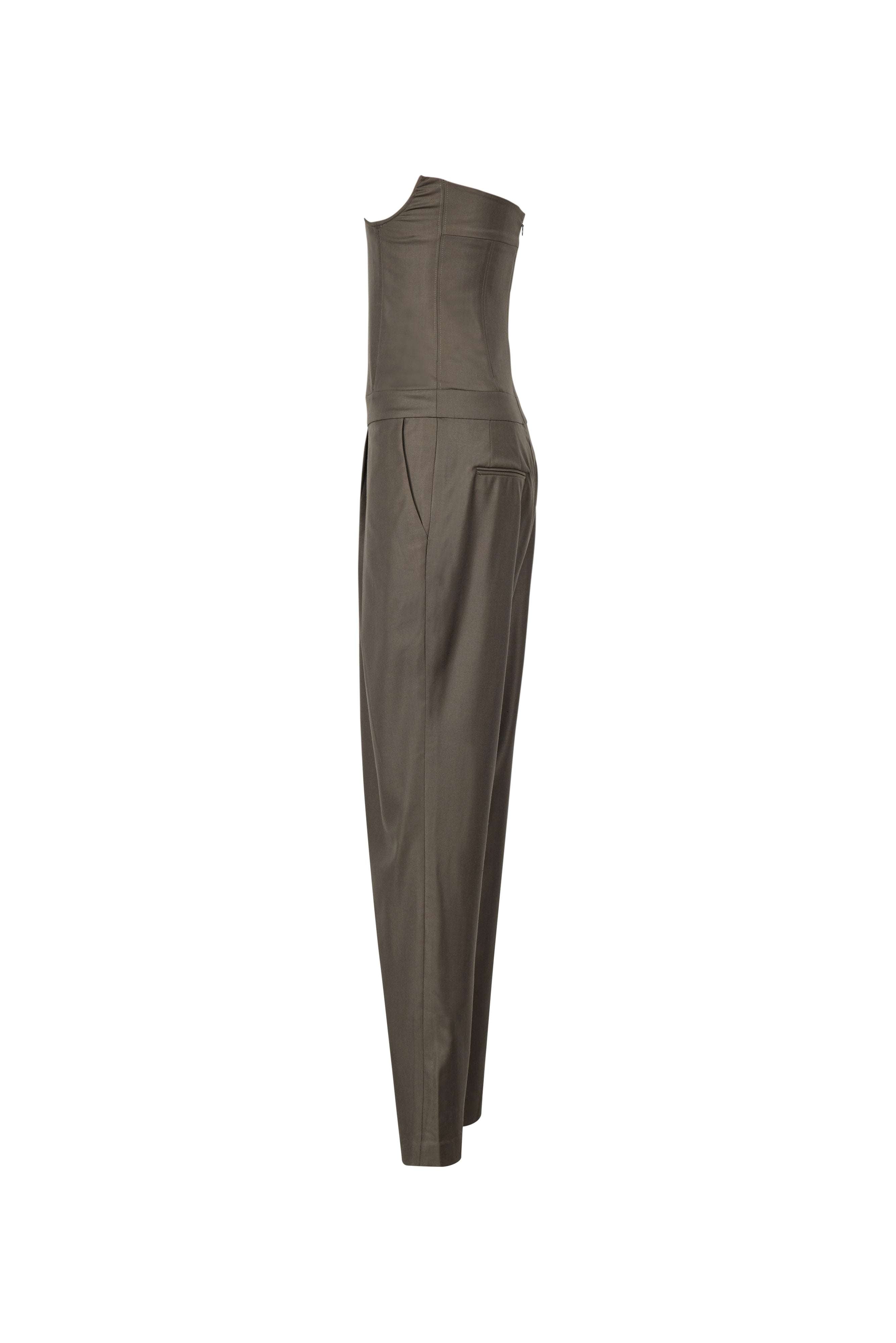 Wool Jumpsuit with Inner Corset and Asymmetric Pleated Pants