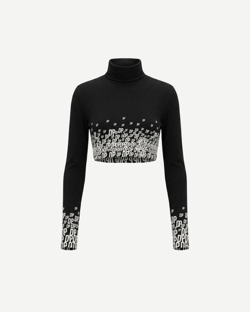 The Tailory New York X Dogpound Cropped Mockneck in black with a white "DP" logo gradient pattern concentrated at the midsection and sleeve ends, featuring long sleeves and a fitted silhouette.
