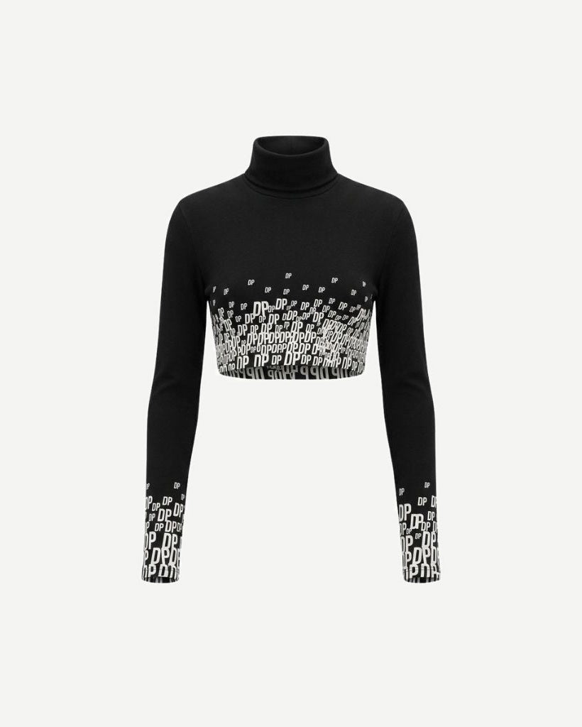 The Tailory New York X Dogpound Cropped Mockneck in black with a white "DP" logo gradient pattern concentrated at the midsection and sleeve ends, featuring long sleeves and a fitted silhouette.