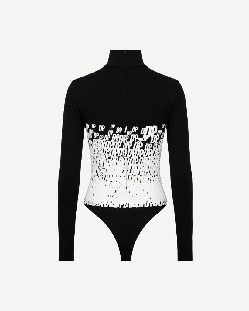 The Tailory New York X Dogpound Fitted Turtleneck Bodysuit in black featuring a high neckline and a bold white graphic logo pattern across the midsection for a modern, sleek look.