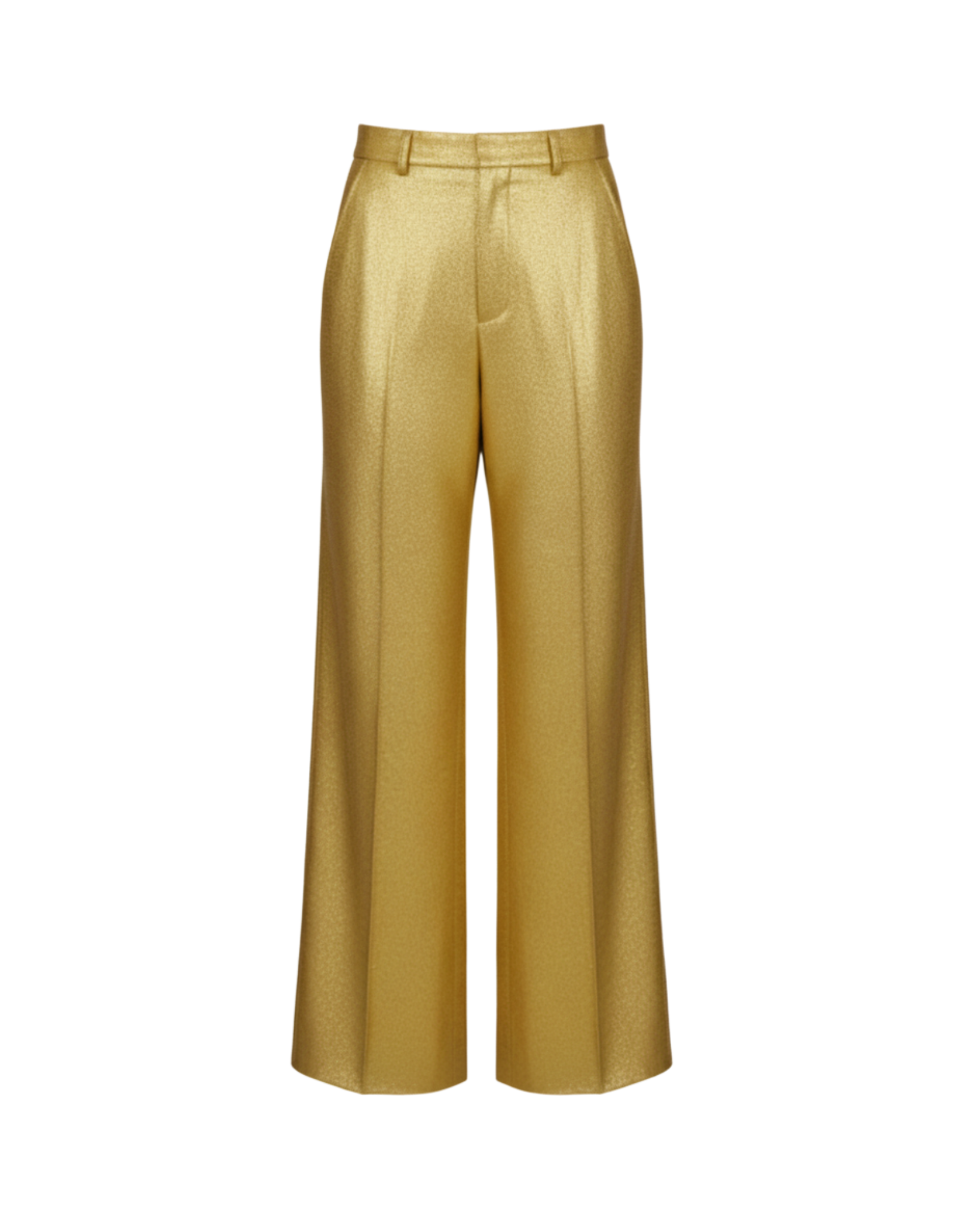 Gold silk lamé tailored trousers — front view