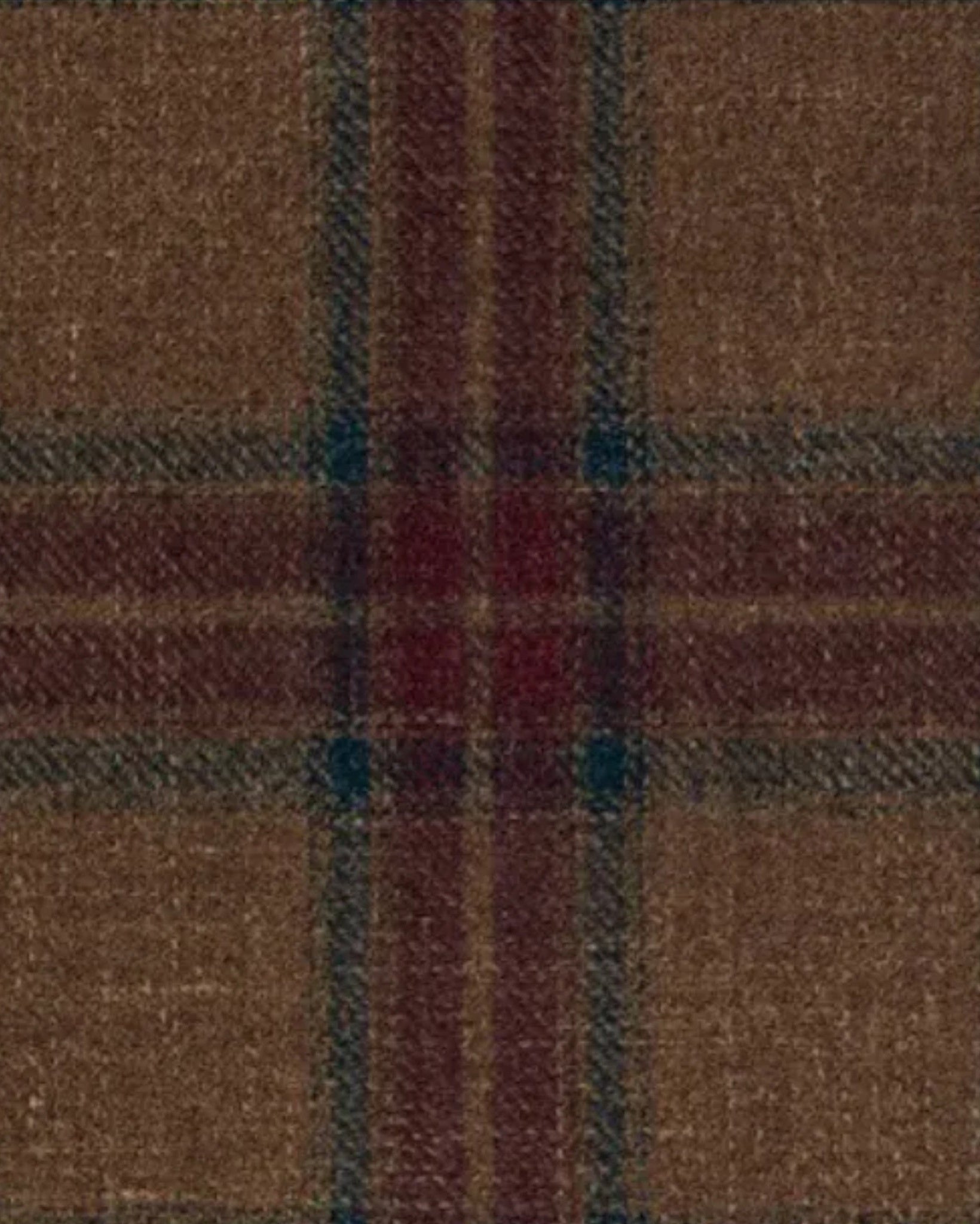 Close-up of camel plaid wool fabric featuring rich brown and burgundy tones with subtle blue accents, highlighting the textured pattern of the Camel Plaid Greatcoat | Military Double-Breasted | Full Canvas Construction.