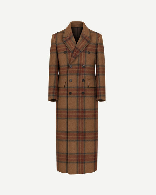 Vendemmia Camel Plaid Greatcoat — Military Style, Double-Breasted, Full Canvas