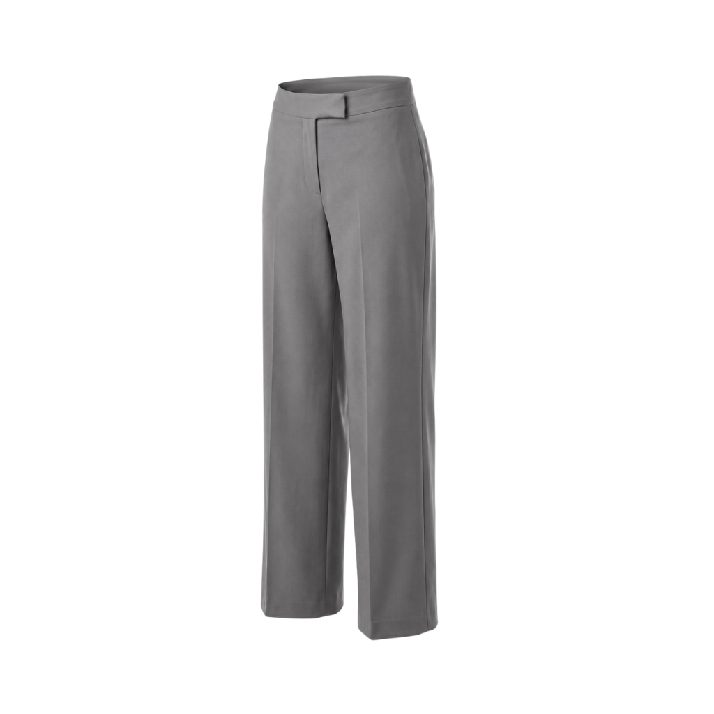 Angled view of The Dailies Wide-Leg Trouser showing the grey suiting fabric, structured waistband, front closure detail, pressed crease, and wide-leg shape.