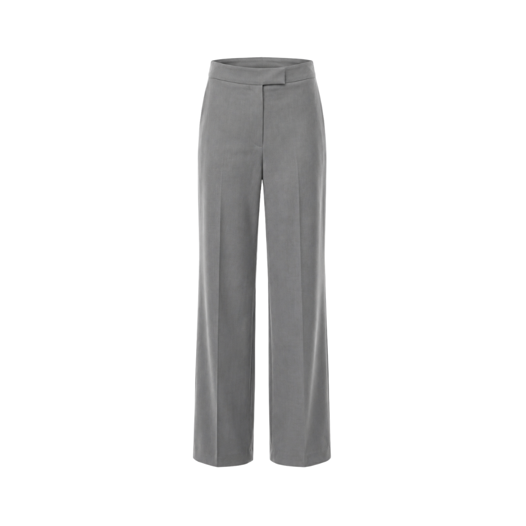 Front view of The Dailies Wide-Leg Trouser in grey suiting fabric with a clean waistband, concealed front closure, pressed crease, and wide-leg silhouette.