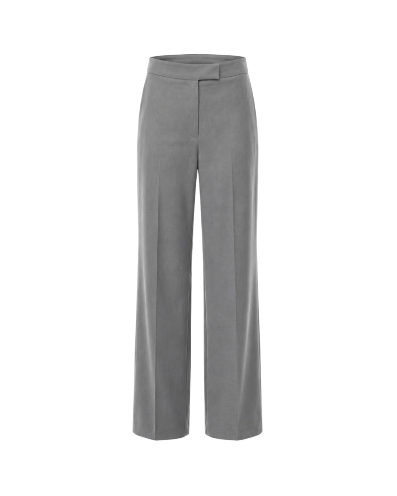 Front view of The Dailies Wide-Leg Trouser in grey suiting fabric with a clean waistband, concealed front closure, pressed crease, and wide-leg silhouette.